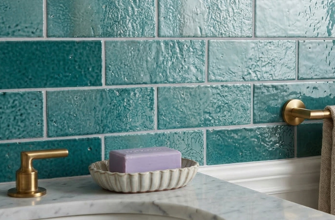 Glazed Thin Brick 2.5x8 in Grotto Green by Clay Imports, displaying a textured, glossy surface on a bathroom wall.