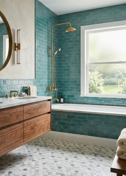 Grotto Green Glazed Thin Brick by Clay Imports on a bathroom wall with brass fixtures and a wooden vanity.