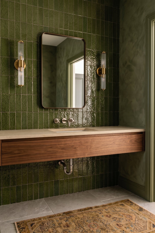 A modern bathroom vanity featuring a floating wooden sink with a light stone countertop, set against a glossy green tiled wall with a rectangular mirror and two brass wall sconces.