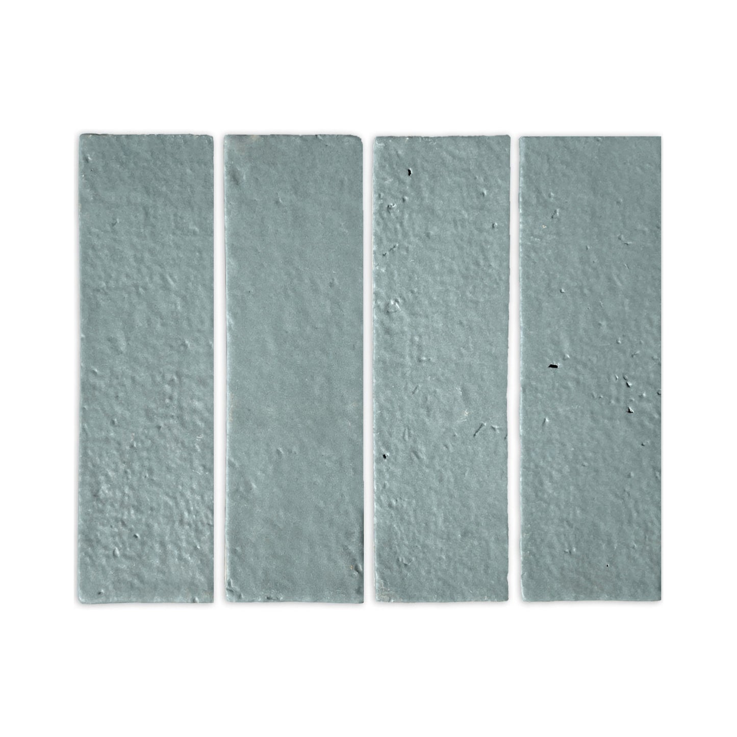 Rucksack Green Glazed Thin Brick 2.5x8 by Clay Imports, four vertically arranged textured tiles.