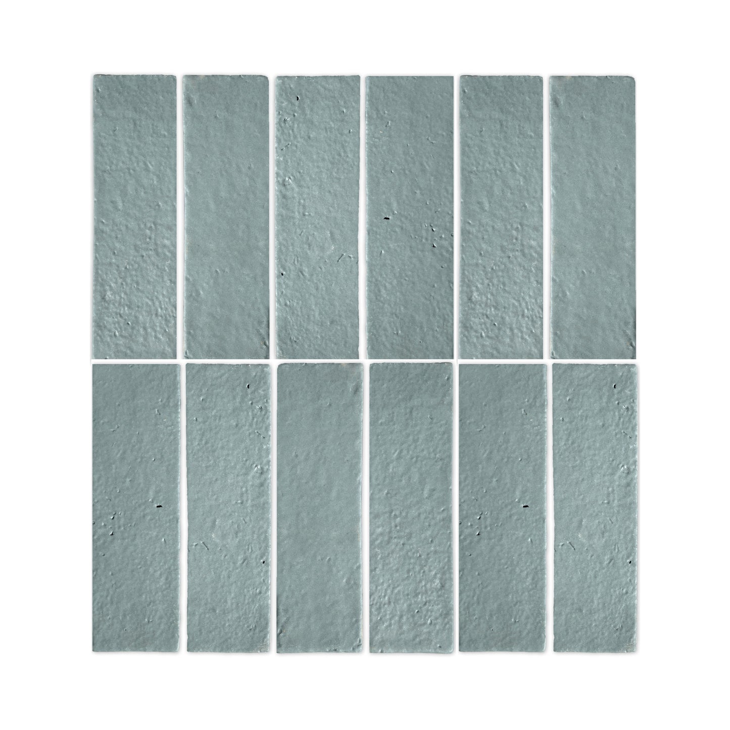 Rucksack Green Glazed Thin Brick 2.5x8 by Clay Imports, arranged in a grid pattern showing a rustic, textured surface.