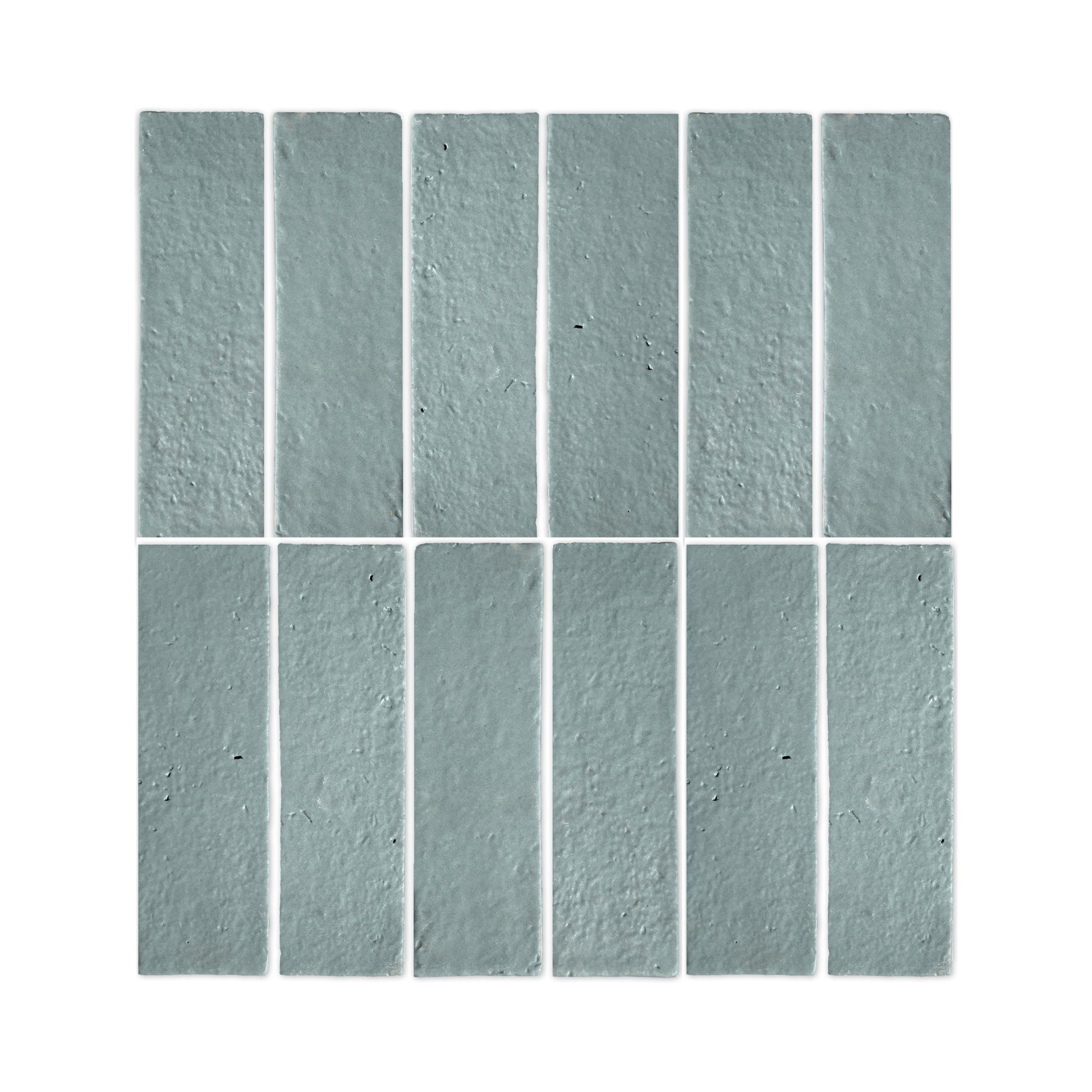 Rucksack Green Glazed Thin Brick 2.5x8 by Clay Imports, arranged in a grid pattern showing a rustic, textured surface.