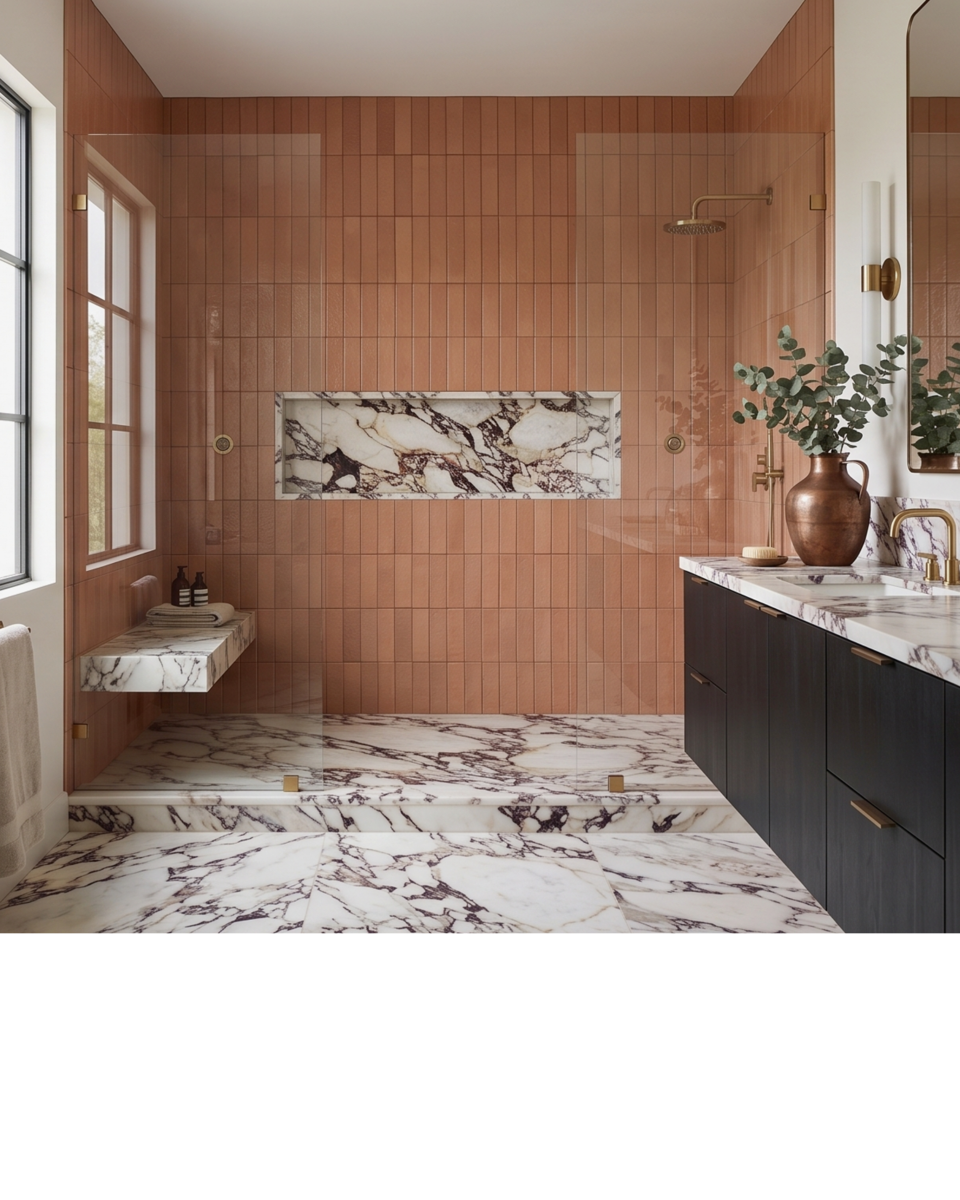 Terracotta Glazed Thin Brick by Clay Imports, vertically installed on a modern bathroom shower wall.