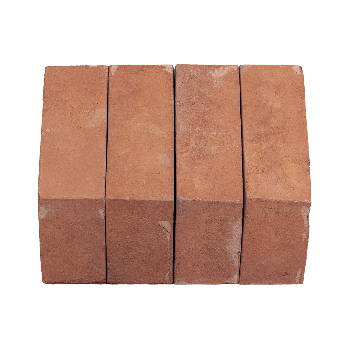 Four rectangular terracotta clay bricks arranged side by side on a plain white background.