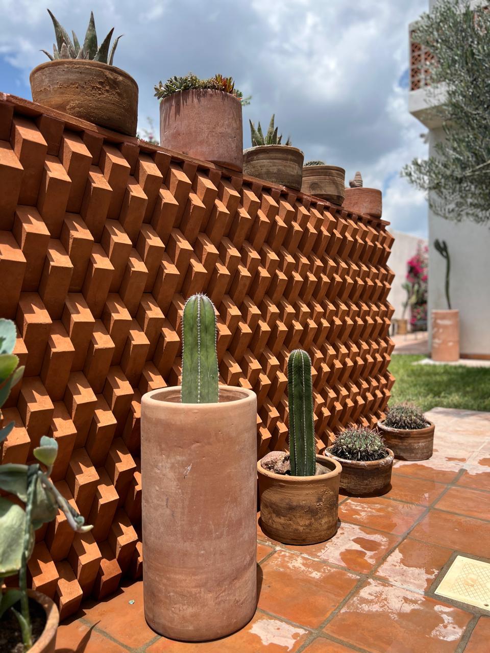 Terracotta clay pots and a geometric terracotta wall in an outdoor garden setting with cacti and succulents.