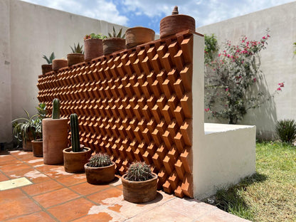 A terracotta-colored geometric wall planter made of interlocking wedge-like blocks, shown outdoors in a courtyard with potted cacti and succulents, white walls, grass, and a blue sky.