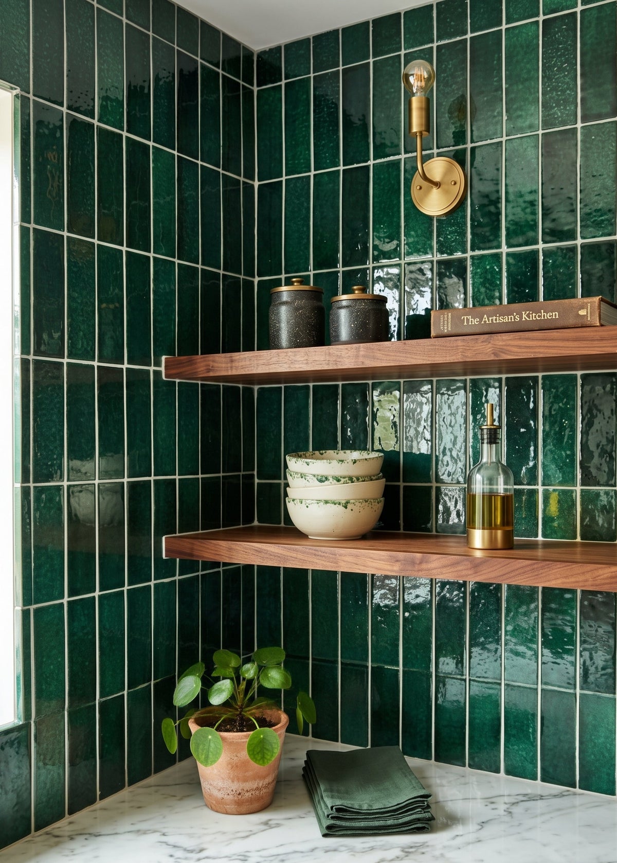 Two floating wooden shelves rest against a vibrant green glossy tiled kitchen wall, holding ceramic jars, a stacked set of bowls, a cookbook, and an oil dispenser, with a potted plant sitting on the marble countertop below.