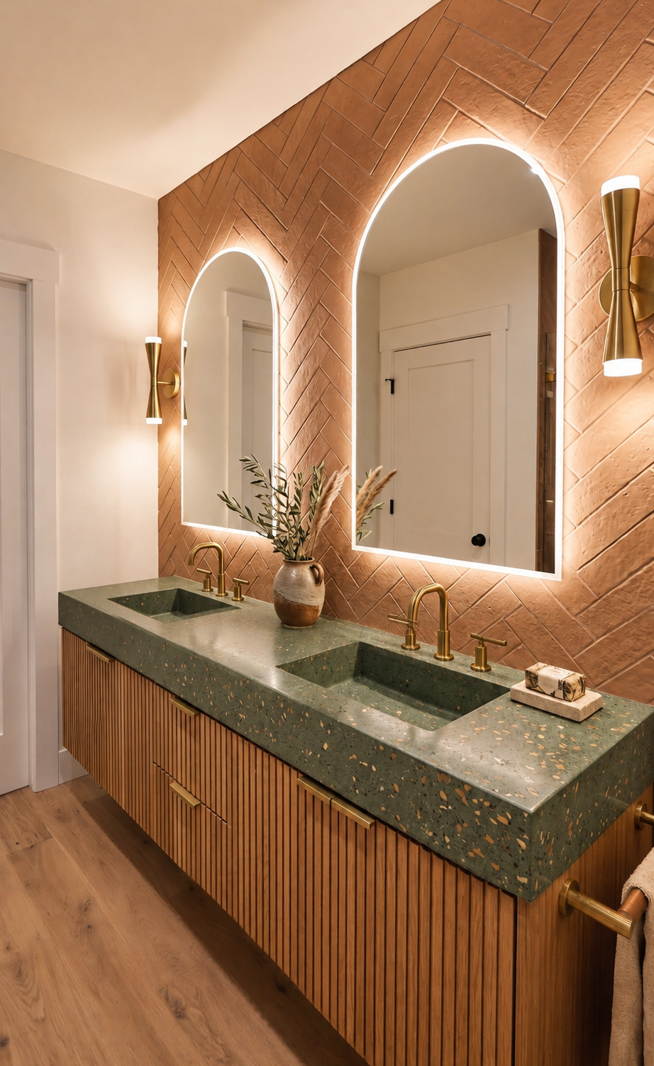 A modern bathroom vanity featuring a green speckled stone double sink countertop, vertical wood cabinet fronts with brass handles, two arched illuminated mirrors, and warm brass wall sconces against a terracotta herringbone tile wall.