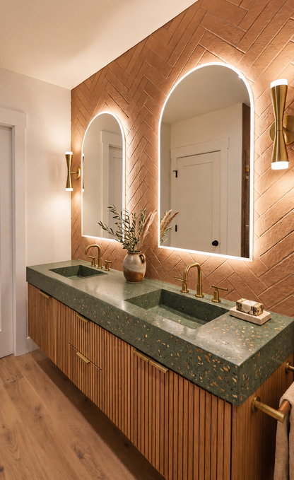 A modern bathroom vanity featuring a green speckled stone double sink countertop, vertical wood cabinet fronts with brass handles, two arched illuminated mirrors, and warm brass wall sconces against a terracotta herringbone tile wall.