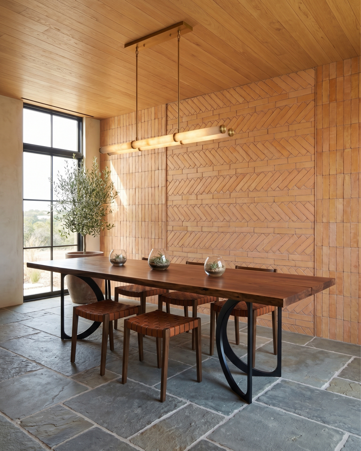 A modern dining room scene featuring a rectangular wooden dining table with a dark wood top and sculptural black metal bases, surrounded by matching wooden chairs. The room has a distinctive herringbone-patterned brick wall, a wood-paneled ceiling, and a stone-tiled floor, illuminated by a long linear pendant light.