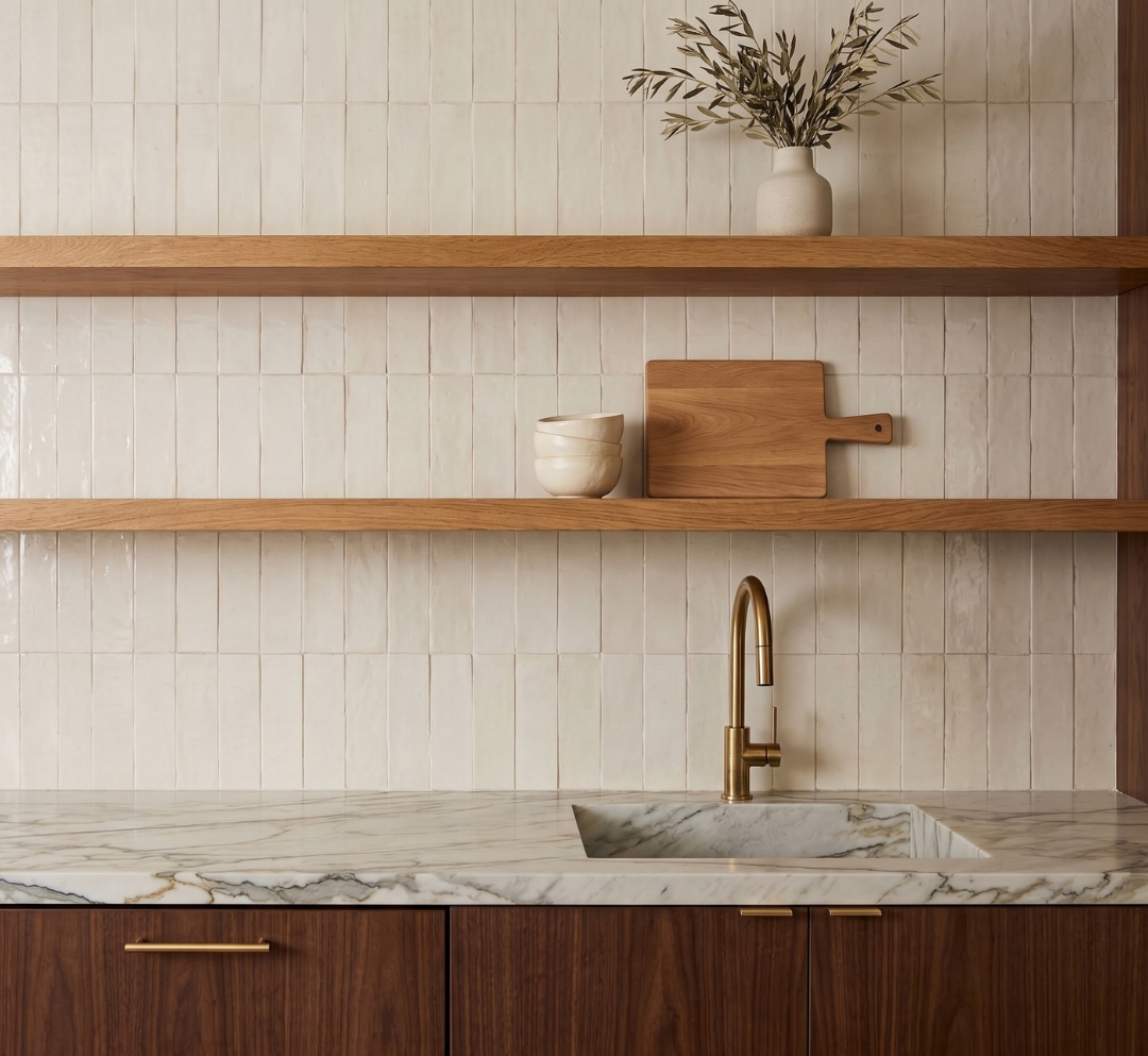A modern kitchen backsplash featuring cream-colored rectangular subway tiles, two light oak floating shelves with a ceramic vase and wooden cutting board, a white marble countertop with a gold faucet, and dark wood cabinets with gold handles.