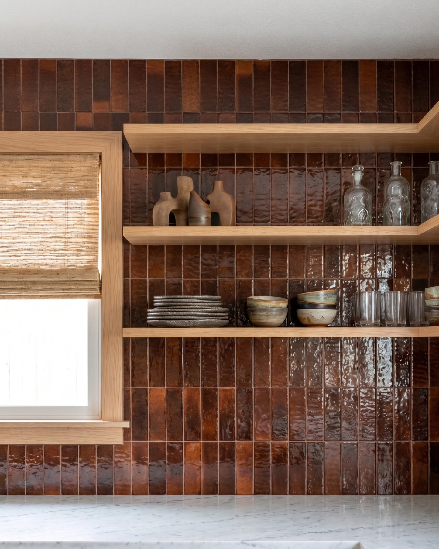 A kitchen interior featuring a glossy, textured brown tile backsplash with open wooden floating shelves holding ceramic bowls, plates, and glass bottles. A window with a woven bamboo roller shade is visible on the left.