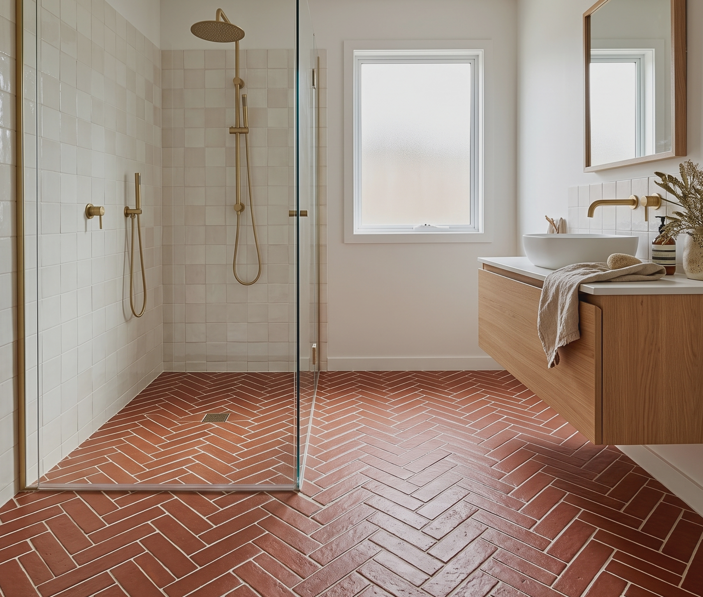 A modern bathroom interior with a walk-in shower, white tiled walls, a wood vanity, and terracotta herringbone floor tiles.