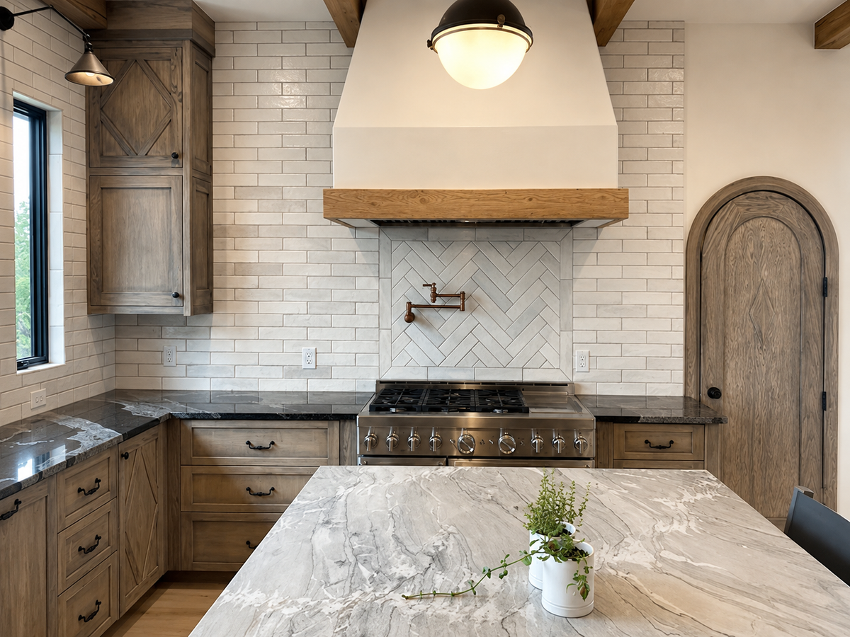 A rustic modern kitchen featuring a large white range hood with a wooden trim, a white herringbone subway tile backsplash, a stainless steel gas range, gray stone countertops, and a marble island in the foreground.