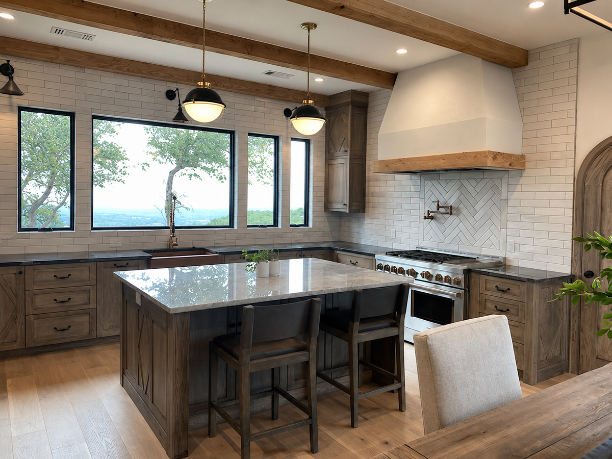 A modern rustic kitchen featuring a large central island with a gray stone countertop and dark wood bar stools, set against a backdrop of white brick, dark wood cabinetry, and a white range hood.