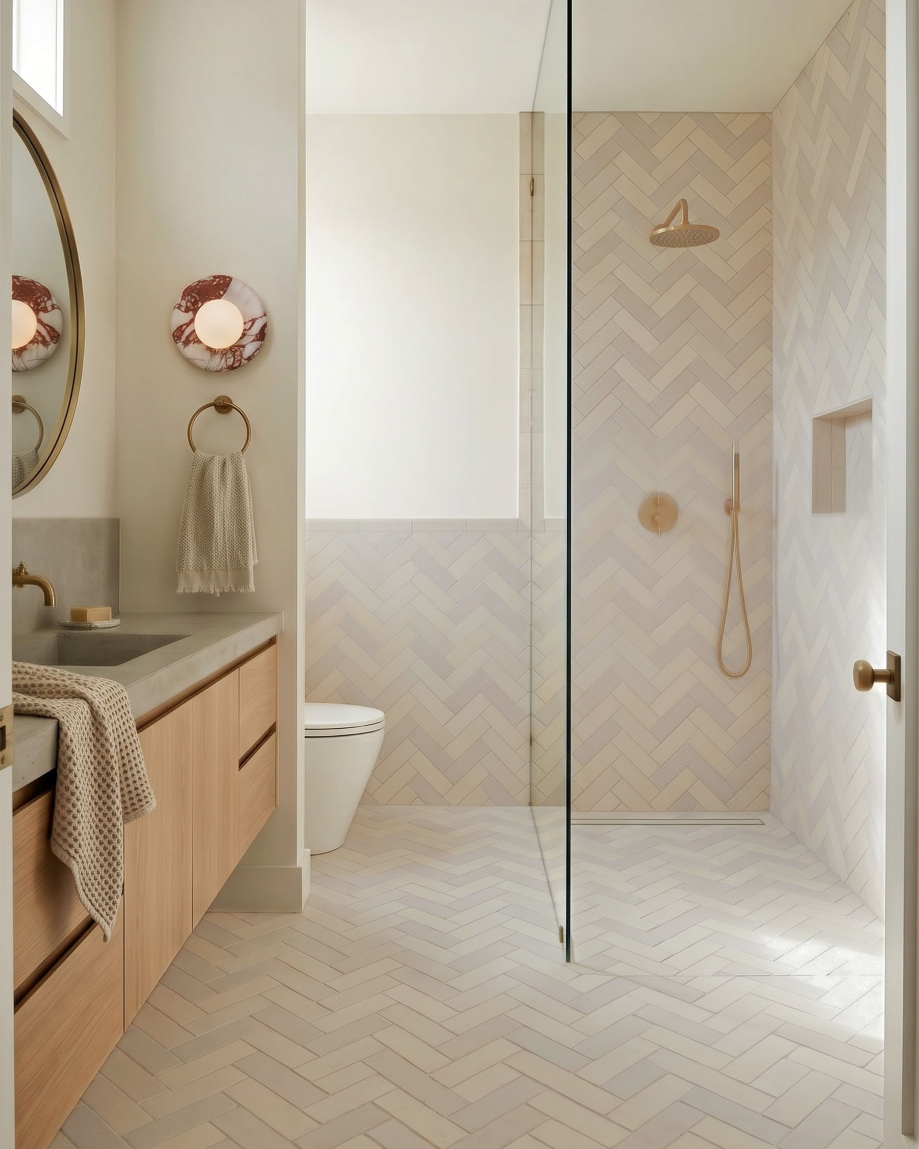 Twine Glazed Thin Brick by Clay Imports in a herringbone pattern on modern bathroom walls and floor.