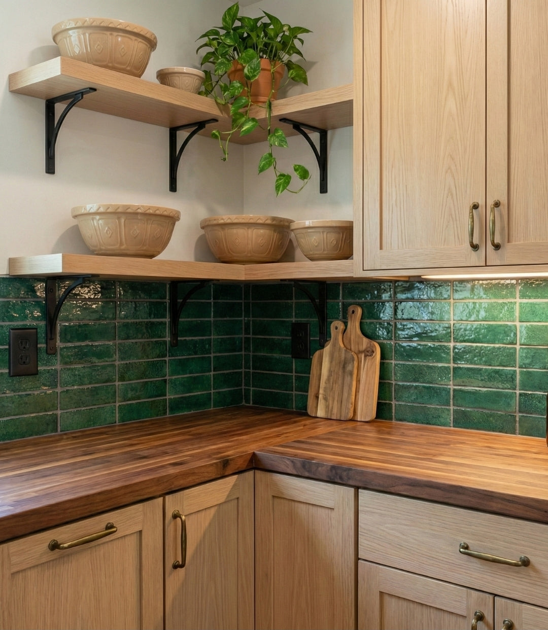 Deep green glazed thin brick by Clay Imports with an uneven texture installed as a kitchen backsplash.
