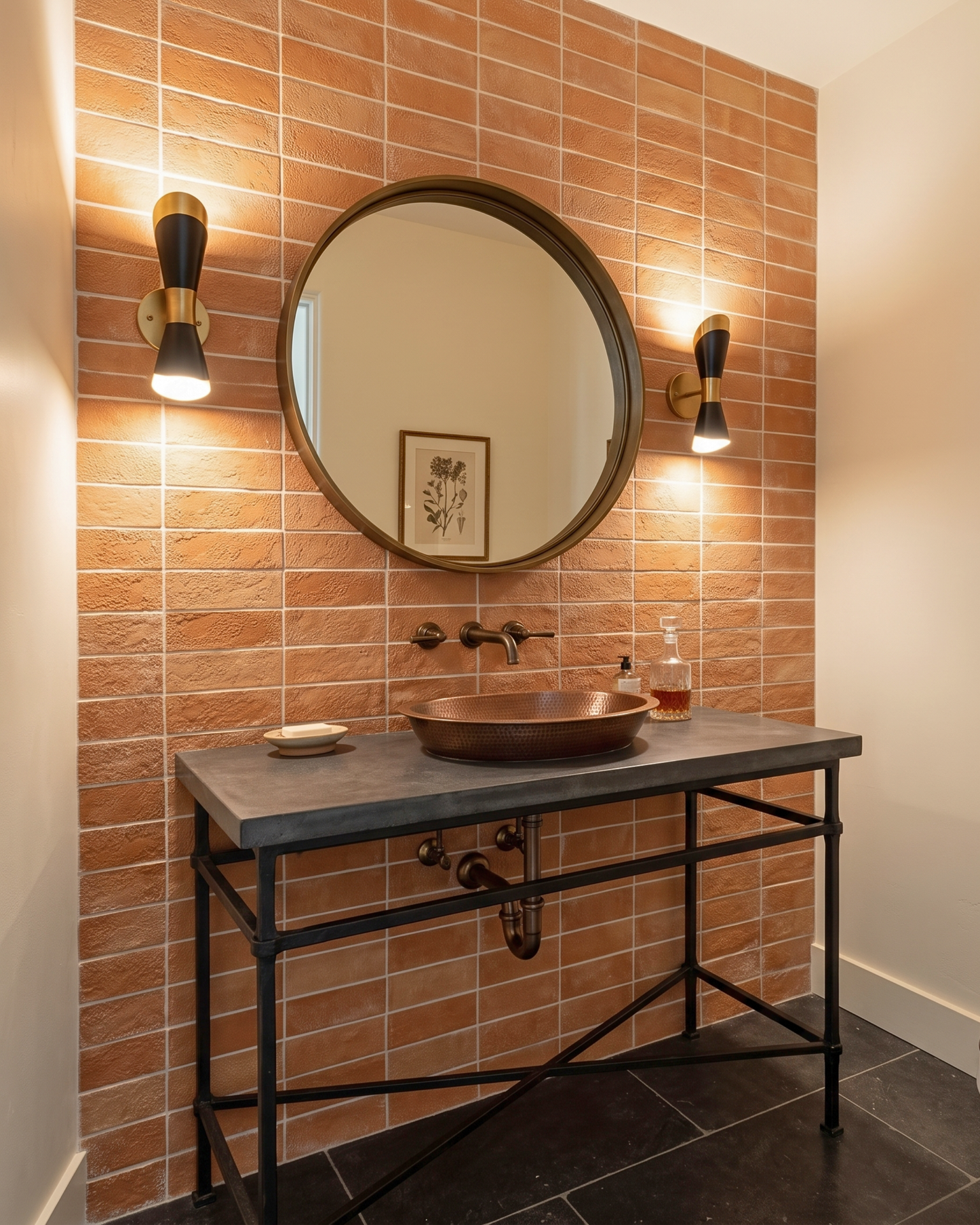 A bathroom vanity setup with a round copper vessel sink on a dark metal console table, set against a terracotta tiled wall with a large round mirror and two wall sconces.