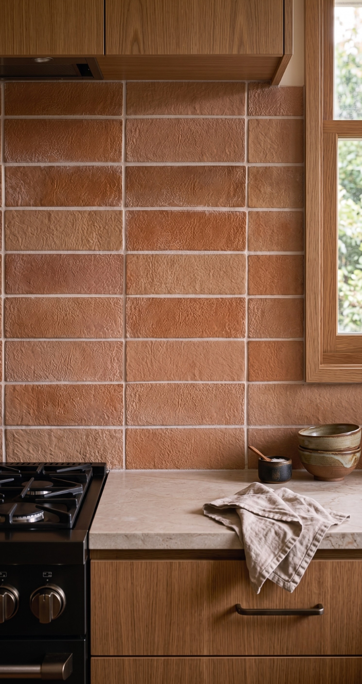 Rustic kitchen backsplash featuring rectangular terracotta clay tiles in warm earthy tones, paired with light wood cabinetry and a stone countertop.