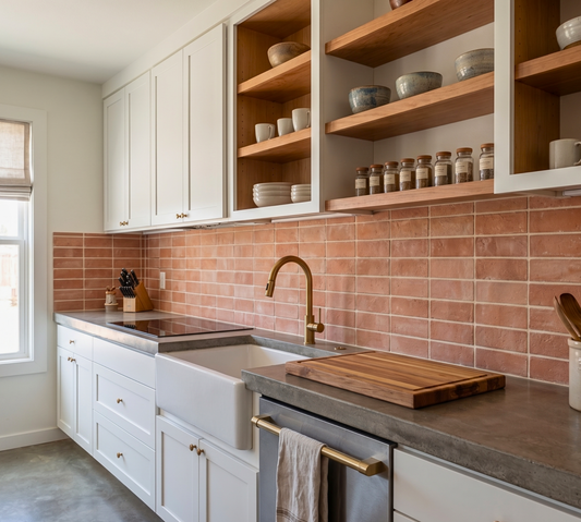 A modern kitchen interior with white cabinets, terracotta tile backsplash, gray stone countertops, a brass faucet, and open wood shelving holding ceramic dishes and glass jars.