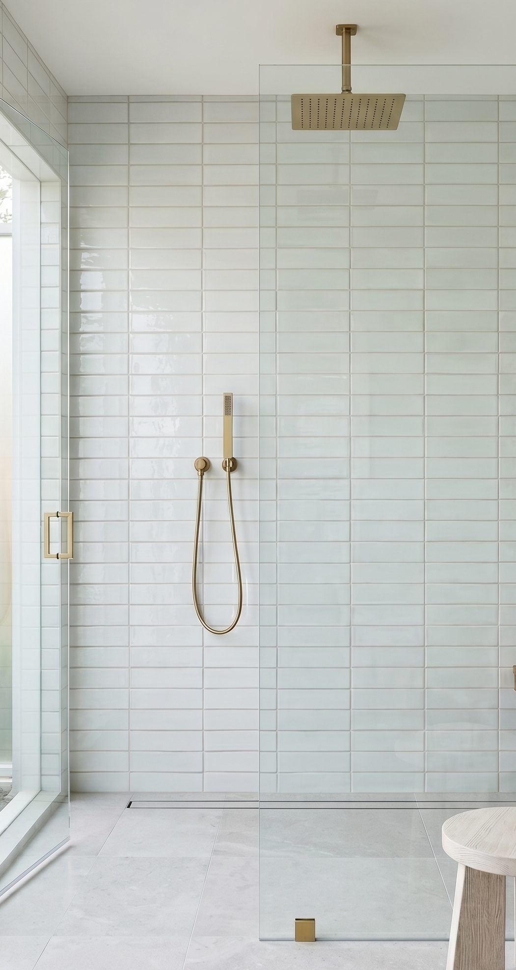 Spearmint 2.75x8 solid tile in light green, glossy finish, installed vertically in shower, with brass fixtures and glass enclosure