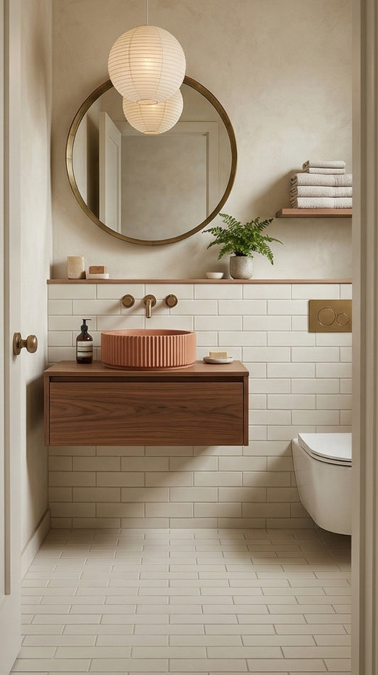 Mexican Vanilla 2.75x8 solid tile by Clay Imports, light beige and rectangular, laid in a subway pattern on a bathroom wall and floor.