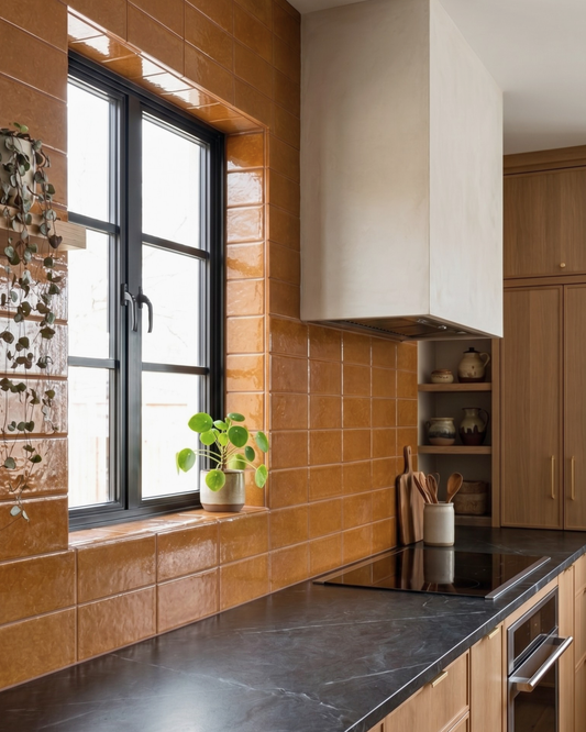 Glossy Cajeta brown solid tiles by Clay Imports, installed as a kitchen backsplash around a window.