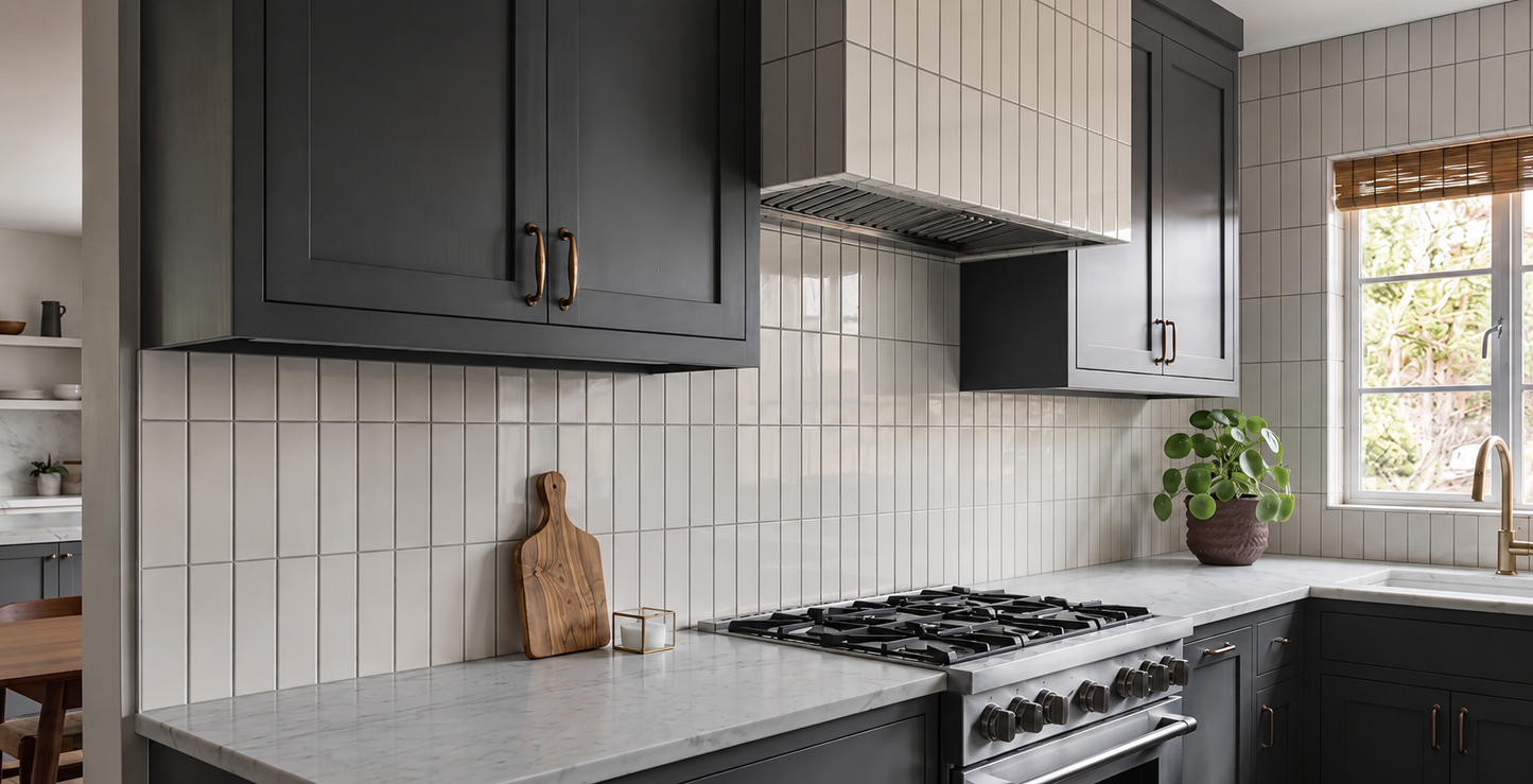 Creamy white glossy vertical subway tile by Clay Imports installed as a kitchen backsplash.