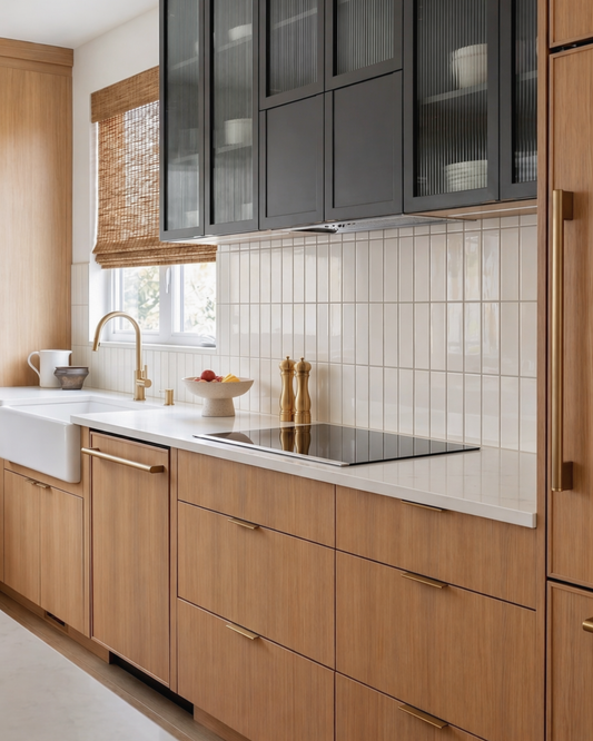 Leche Solid Tile by Clay Imports, 2.75x8, arranged vertically as a glossy, creamy white kitchen backsplash.