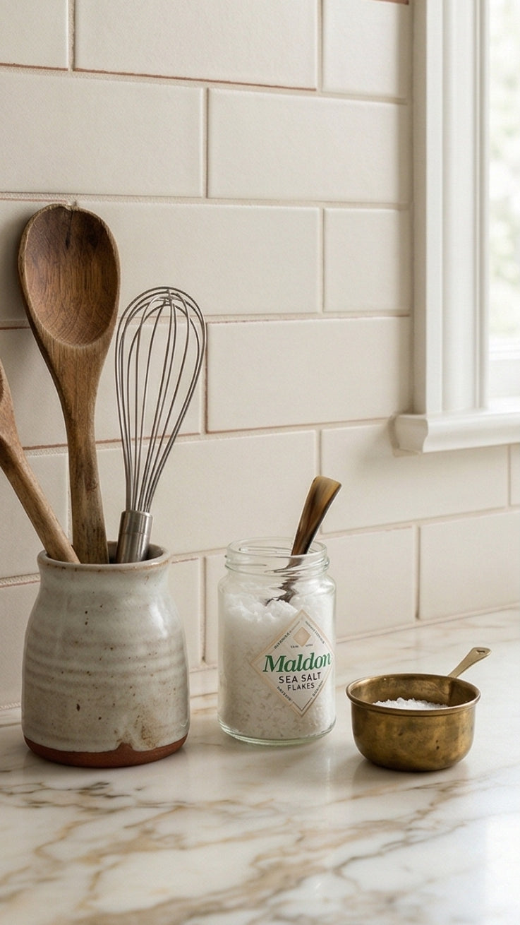 Cream rectangular solid tiles by Clay Imports with subtle texture and light brown grout lines, styled as a kitchen backsplash.