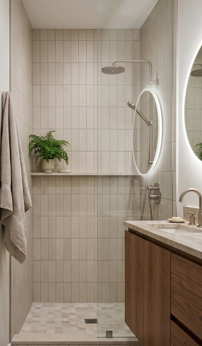 Pearl Snap Solid Tile by Clay Imports in a light gray vertical pattern covering a modern shower wall.