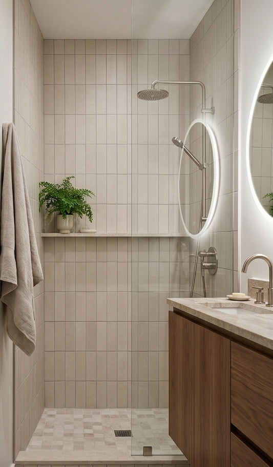 Pearl Snap Solid Tile by Clay Imports in a light gray vertical pattern covering a modern shower wall.