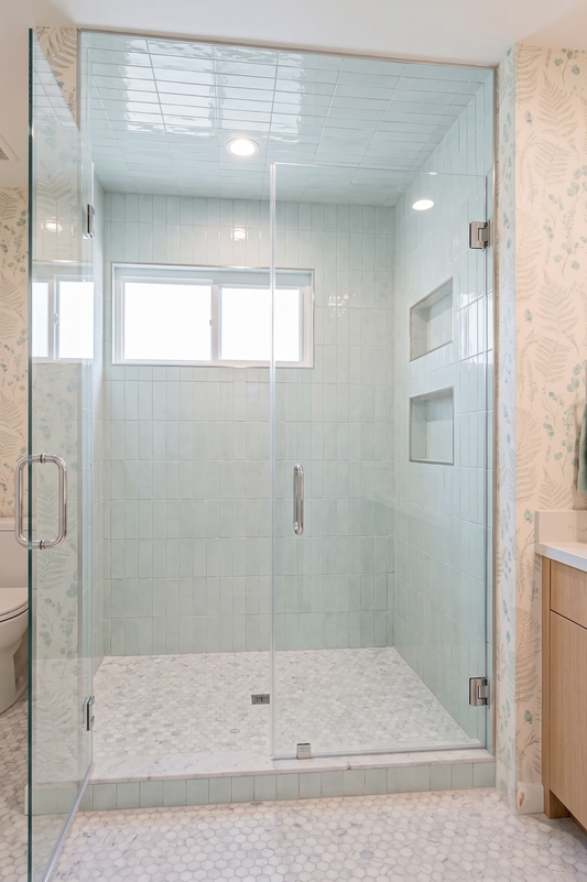 A modern walk-in shower enclosure with clear glass doors and a tiled shower room, shown installed in a bathroom with patterned wallpaper and a vanity partially visible.