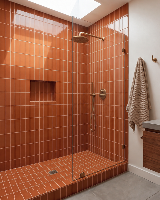 Rust-colored rectangular solid tile with glossy finish in shower walls and floor, white grout, glass enclosure, brass fixtures, and skylight above.