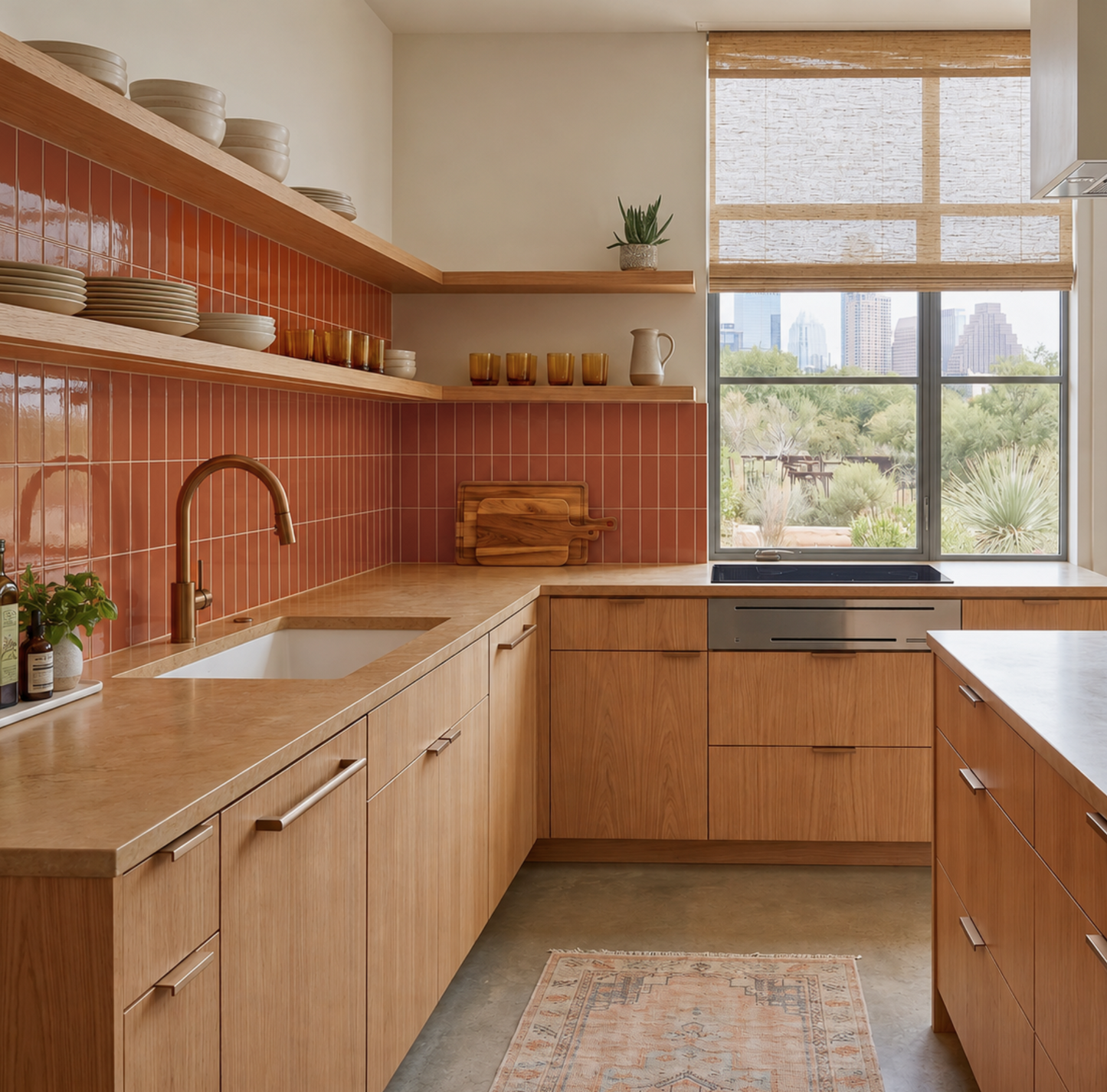 Reddish-orange Whiskey 2.75x8 solid tile by Clay Imports with a glossy finish, installed vertically as a kitchen backsplash.