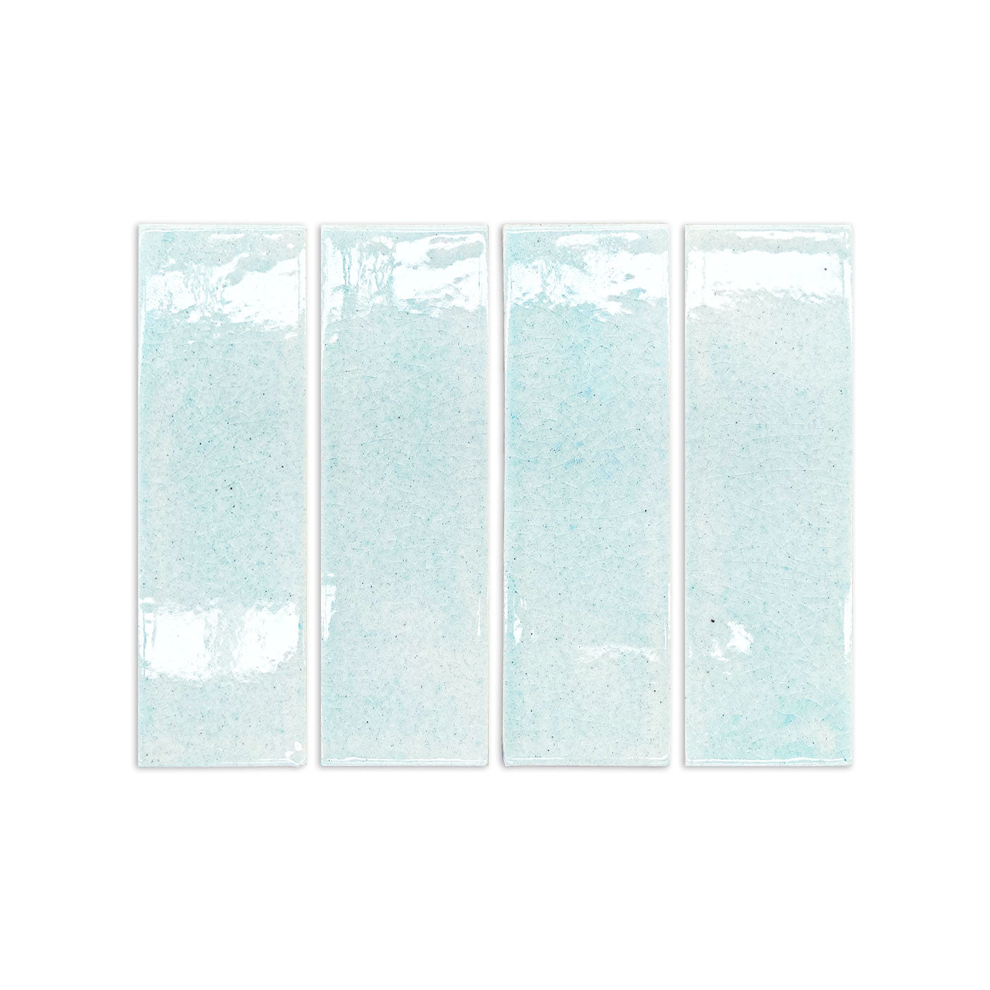 Light blue crackle-glazed rectangular clay tiles with speckled texture and glossy finish, arranged in a row, front view