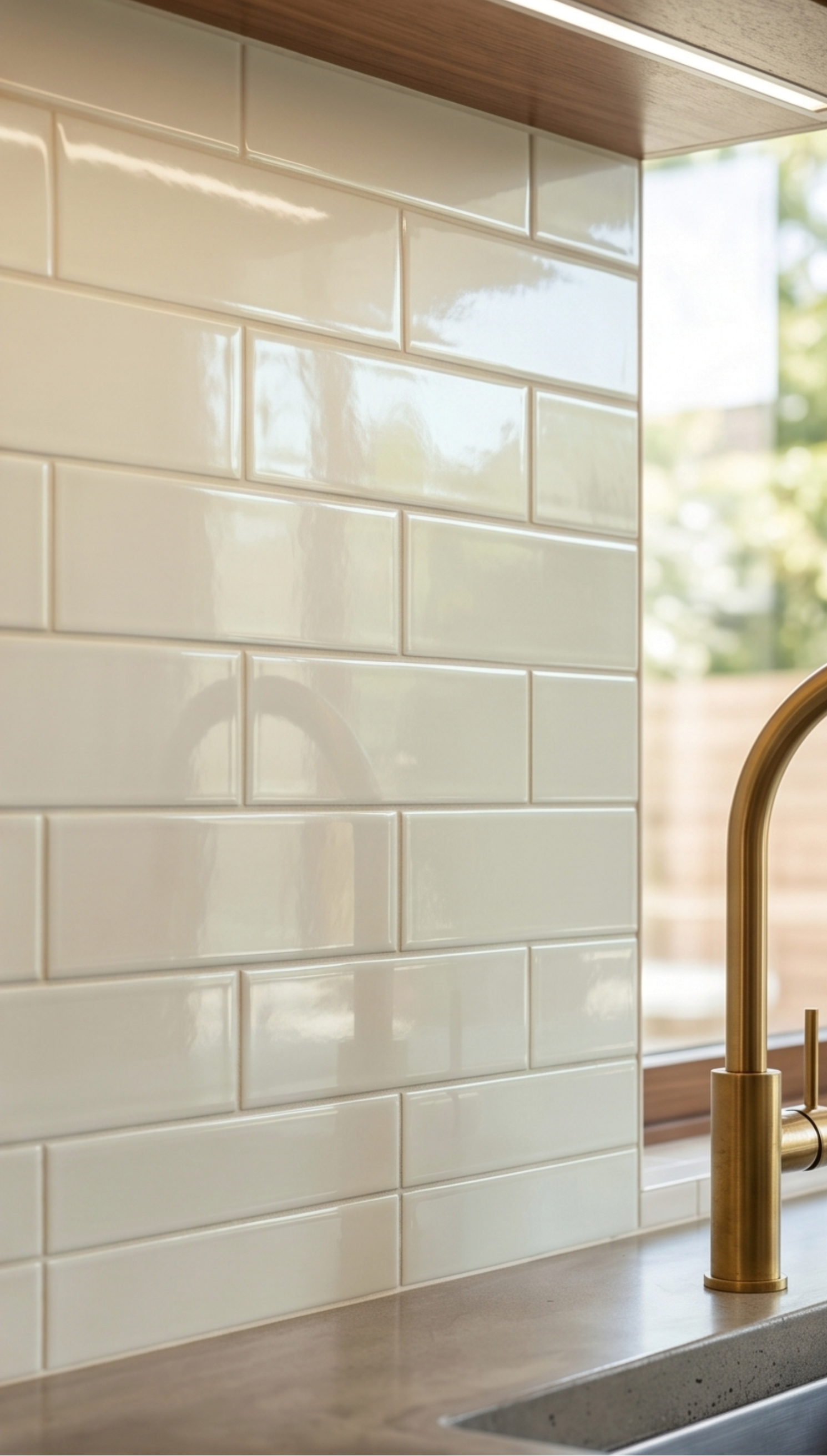 Kitchen with white tiled wall, concrete counters, and brass faucet