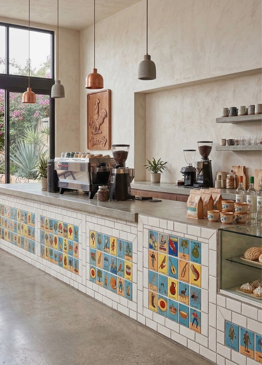 Relief Talavera Lotería game tiles by Clay Imports, featuring colorful illustrations of traditional Lotería cards on a cafe counter.