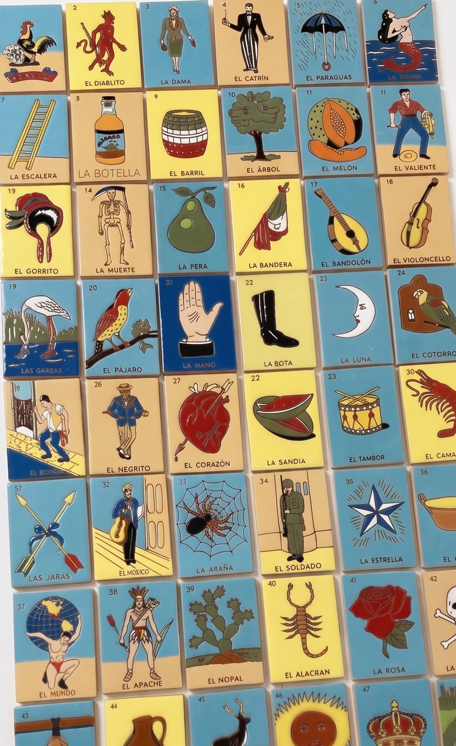 Relief Talavera Lotería Set by Clay Imports, featuring colorful, numbered cards with traditional Spanish designs arranged in a grid.