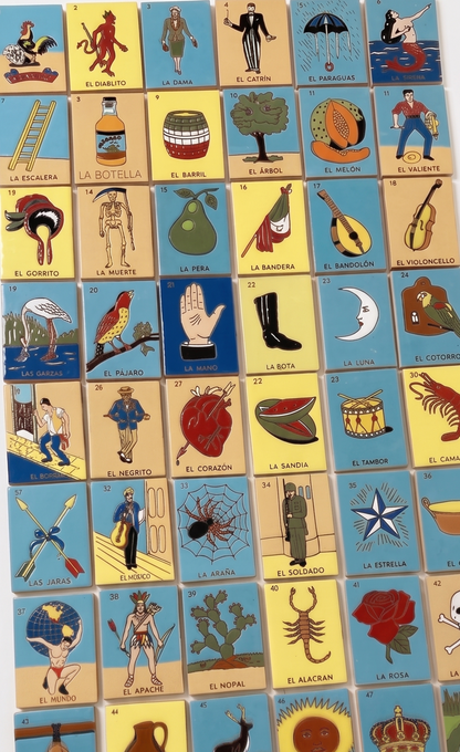 Relief Talavera Lotería Set by Clay Imports, featuring colorful, numbered cards with traditional Spanish designs arranged in a grid.