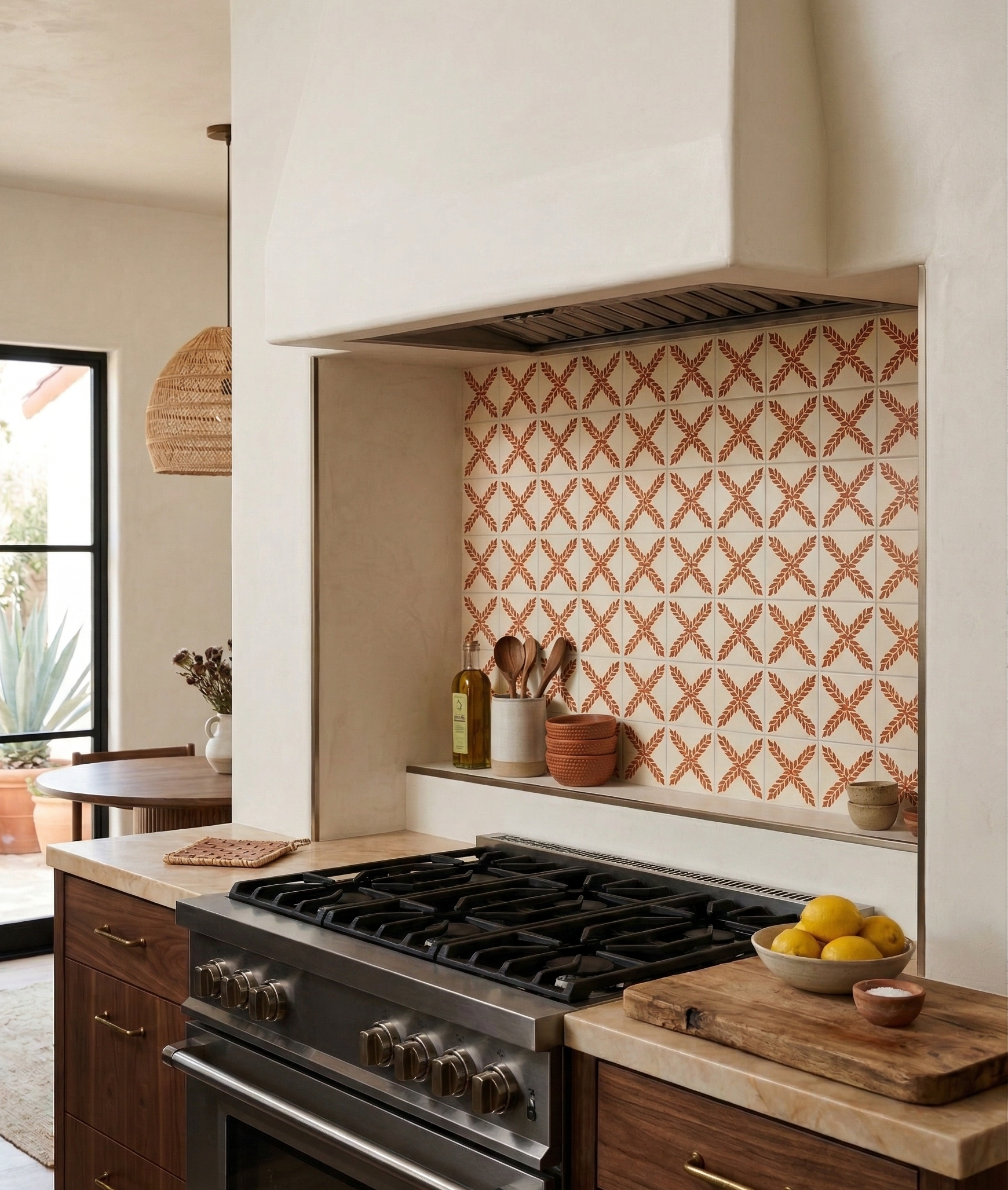 White square Talavera tile with burnt orange arbor pattern by Clay Imports Handmade Tile, installed as a kitchen backsplash.