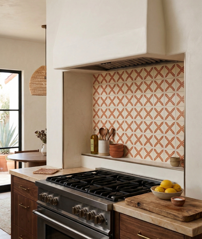 White square Talavera tile with burnt orange arbor pattern by Clay Imports Handmade Tile, installed as a kitchen backsplash.