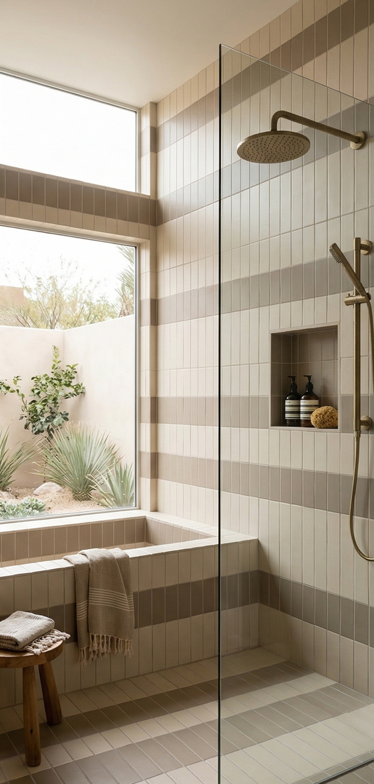 Vertically arranged Twine 3x12 clay tiles by Clay Imports, creating horizontal light and dark beige stripes on bathroom walls and floor.