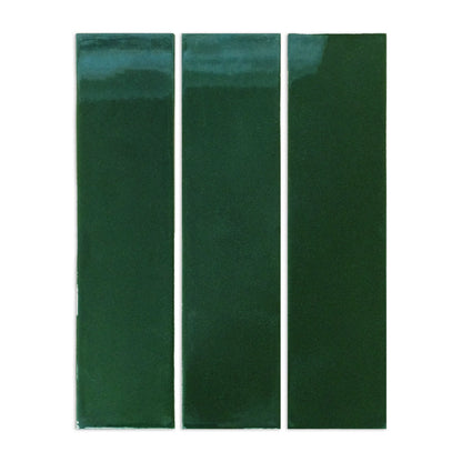 Bottle Green rectangular clay tiles by Clay Imports with a glossy, uneven finish and white grout lines.