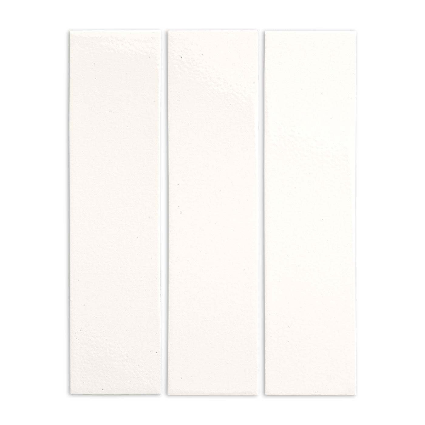 Three rectangular 3x12 off-white clay tiles by Clay Imports, featuring a textured, glossy finish.