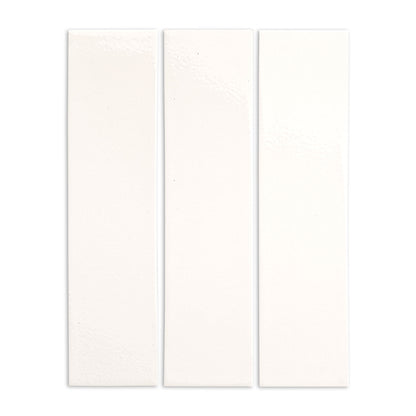 Three rectangular 3x12 off-white clay tiles by Clay Imports, featuring a textured, glossy finish.