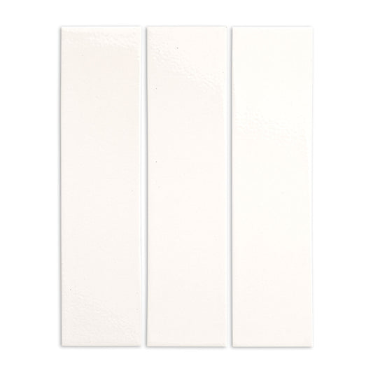 Three rectangular 3x12 off-white clay tiles by Clay Imports, featuring a textured, glossy finish.
