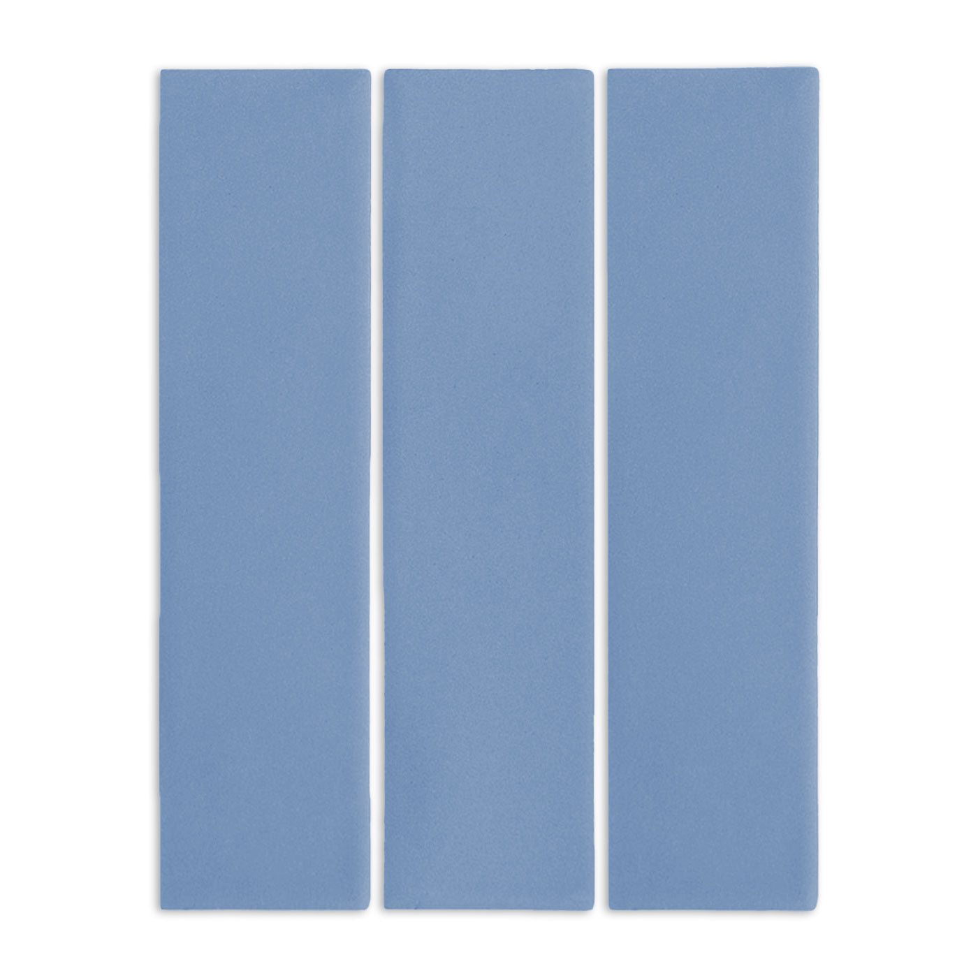 Denim blue 3x12 rectangular clay tiles by Clay Imports, arranged vertically with a subtle texture.