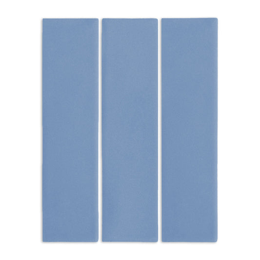 Denim blue 3x12 rectangular clay tiles by Clay Imports, arranged vertically with a subtle texture.