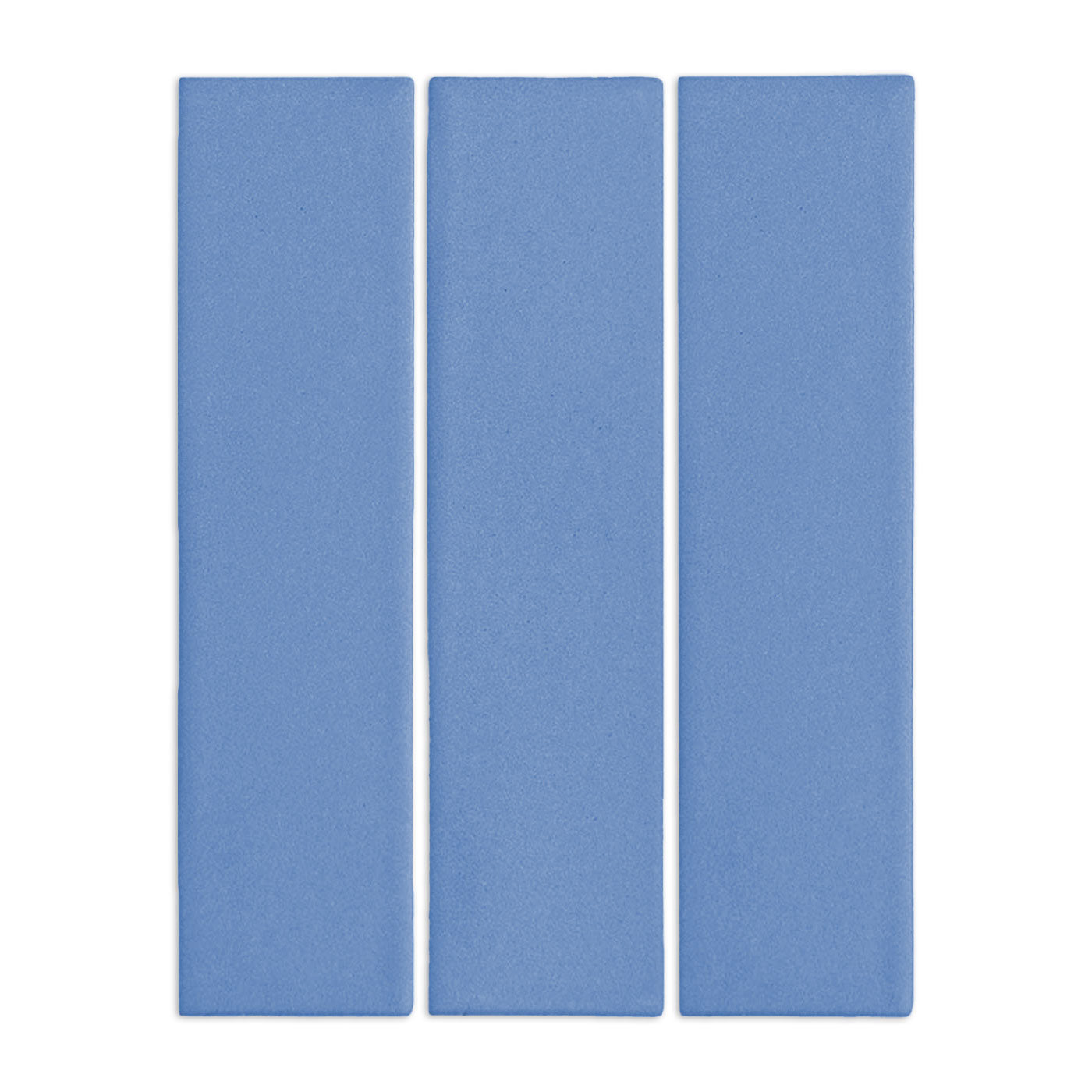 Denim blue 3x12 rectangular clay tiles by Clay Imports, arranged vertically with a subtle texture.